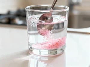 Stirring pink salt in water for fasting