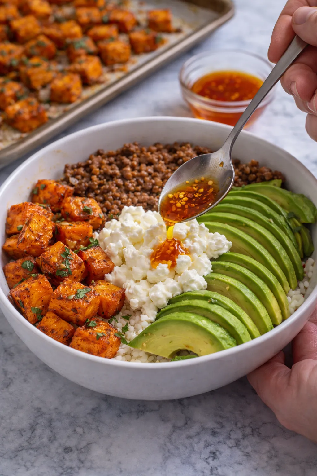 High protein ground beef power bowl being assembled with roasted sweet potatoes, seasoned beef, cottage cheese, avocado, and hot honey drizzle layered in a serving bowl.