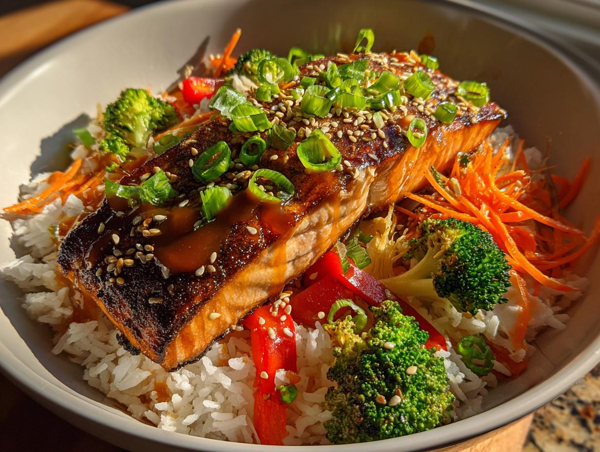 Crispy Honey Ginger Salmon Bowl: 420 Lovely Calories