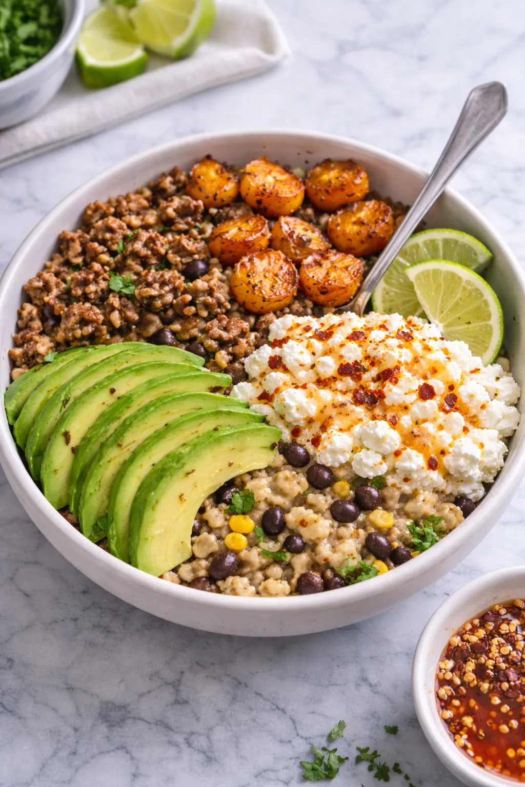 Finished high protein ground beef power bowl styled on a marble surface with avocado, cottage cheese, roasted sweet potatoes, beans, and hot honey drizzle.