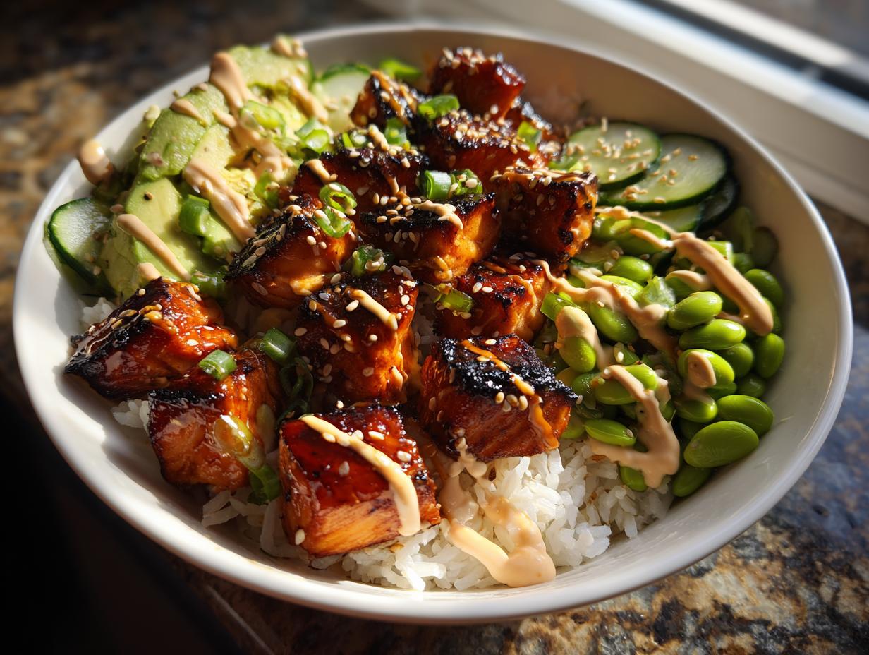 30 Min honey sriracha salmon rice bowls