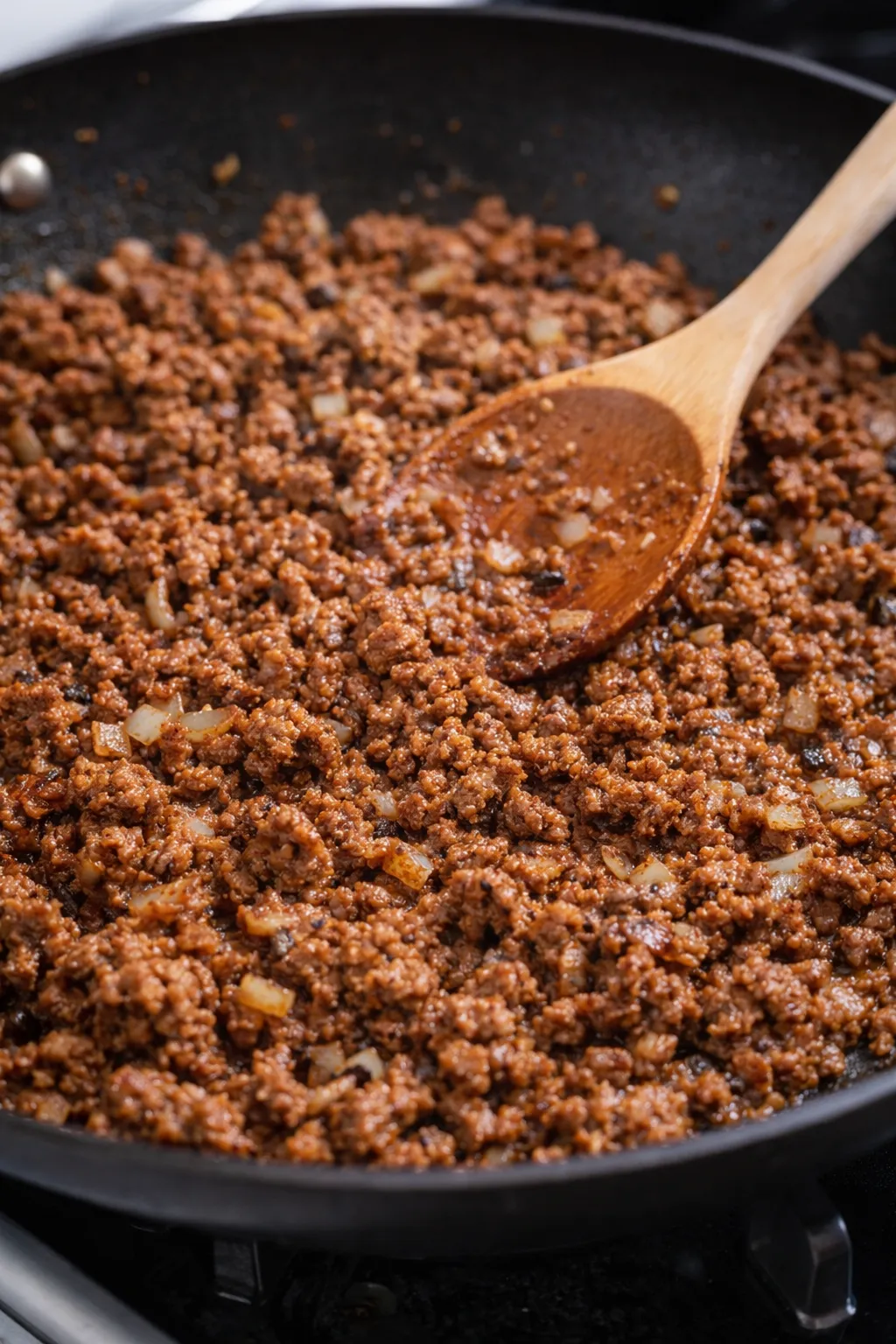 lean-ground-beef-cooking-skillet-power-bowl Lean ground beef cooking in a skillet with diced onions and warm taco-style spices for high protein power bowls.
