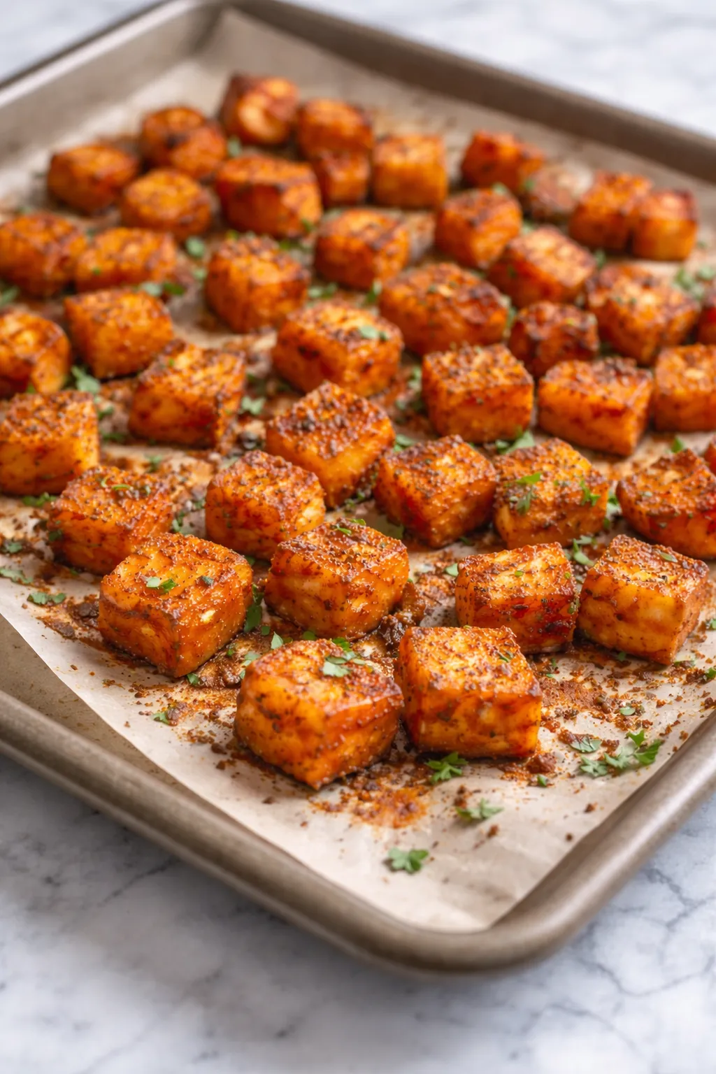 Roasted sweet potato cubes on a parchment-lined baking sheet with caramelized edges and warm seasoning, prepared for high protein ground beef power bowls.