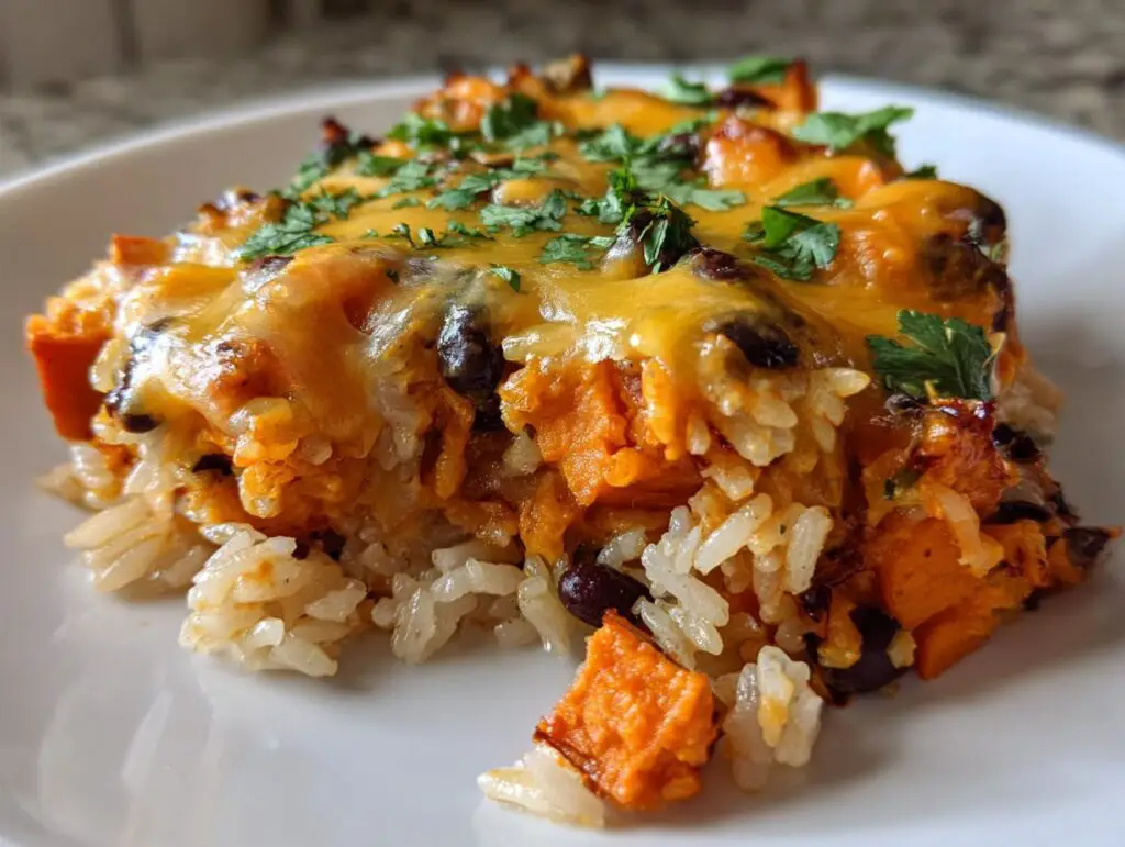 Cheesy Sweet Potato Black Bean Casserole with Rice