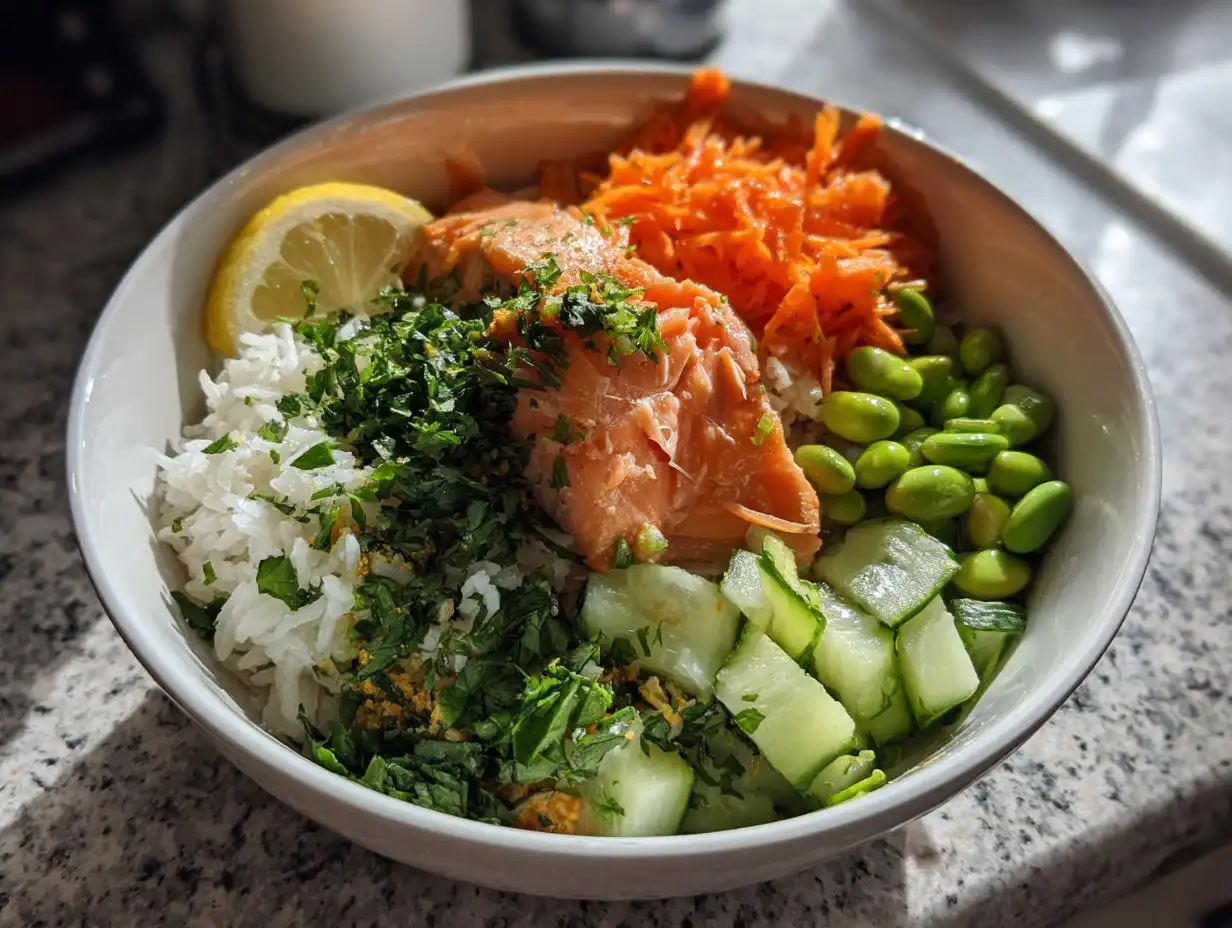 Amazing 480 Calorie Healthy salmon rice bowl