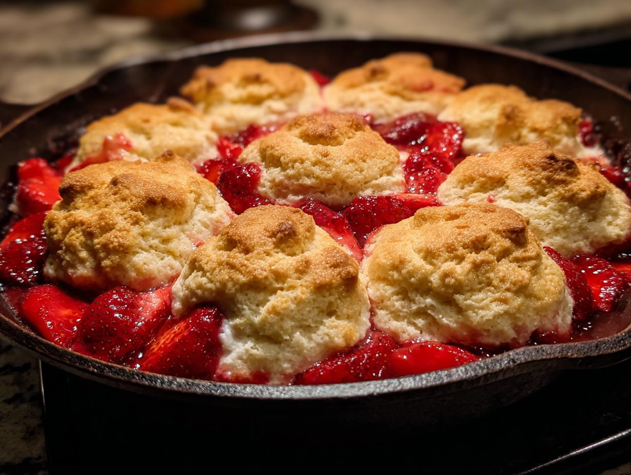 Amazing 1 skillet Low Sugar Strawberry Shortcake Cobbler