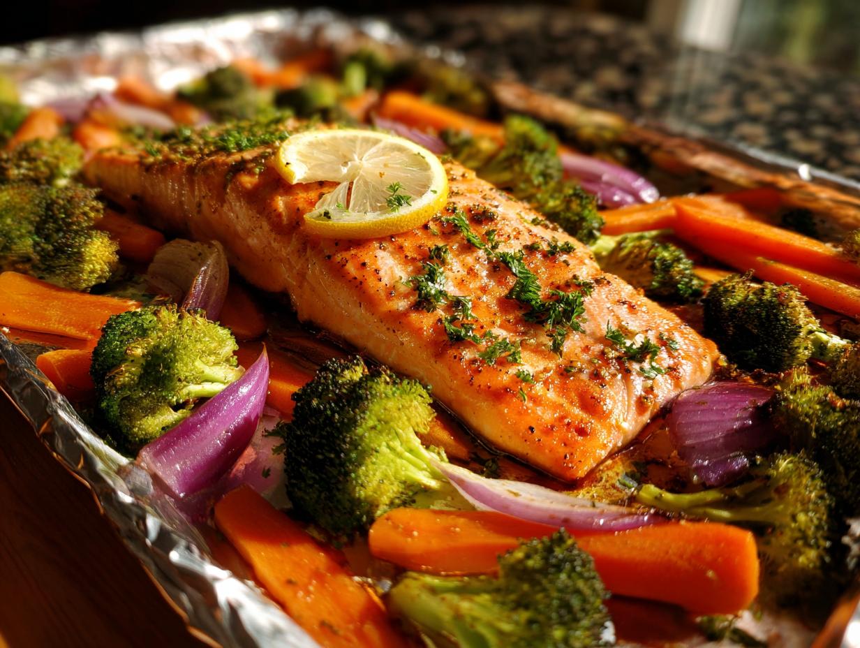 Amazing Sheet pan salmon and veggies in 25 min