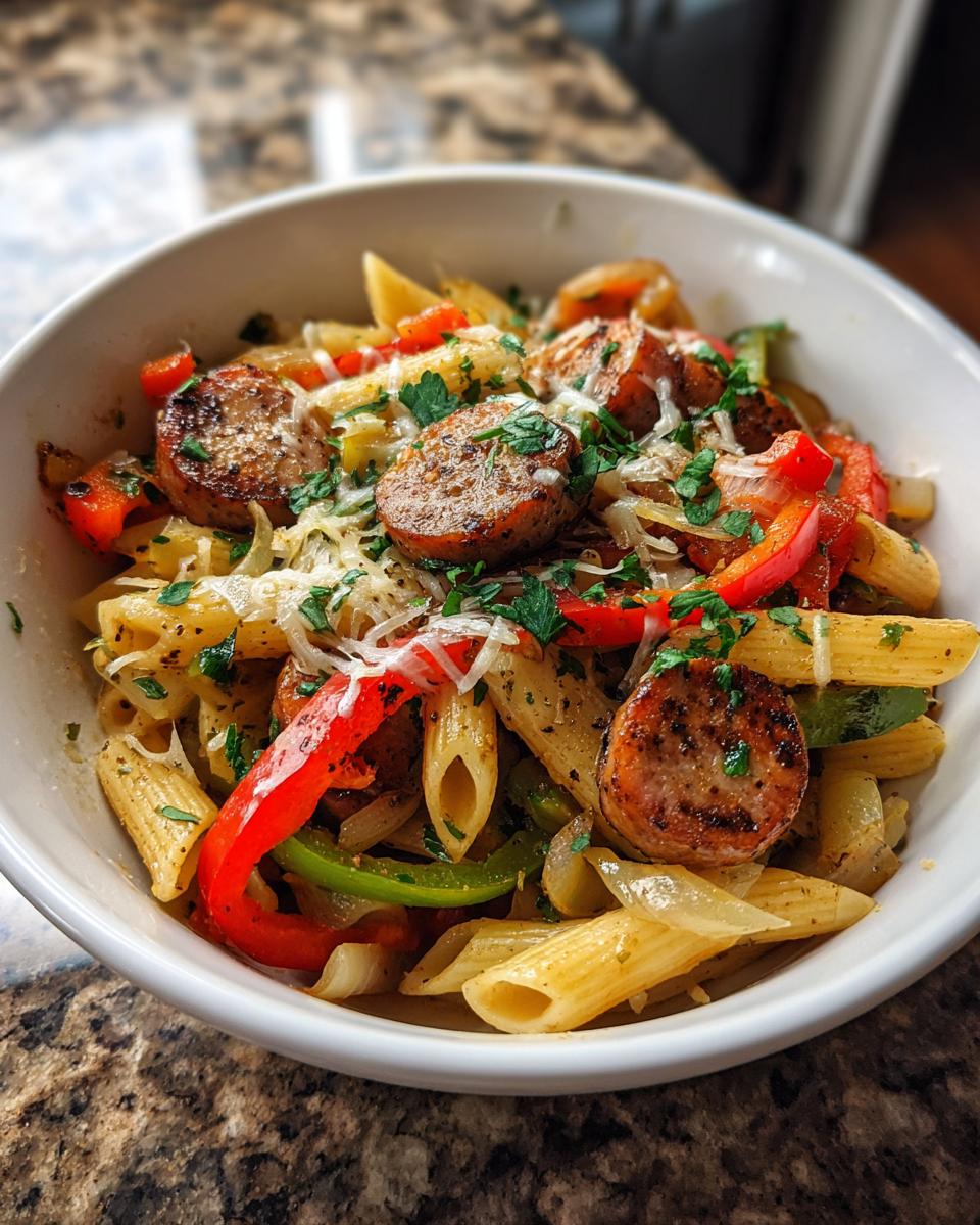 Air fryer sausage and peppers pasta bowls - detail 1