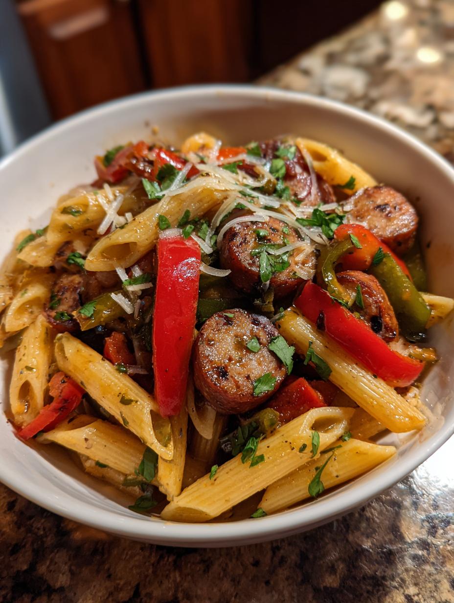 Air fryer sausage and peppers pasta bowls - detail 2