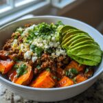 Ground Beef Hot Honey Bowl with Sweet Potatoes and Avocado
