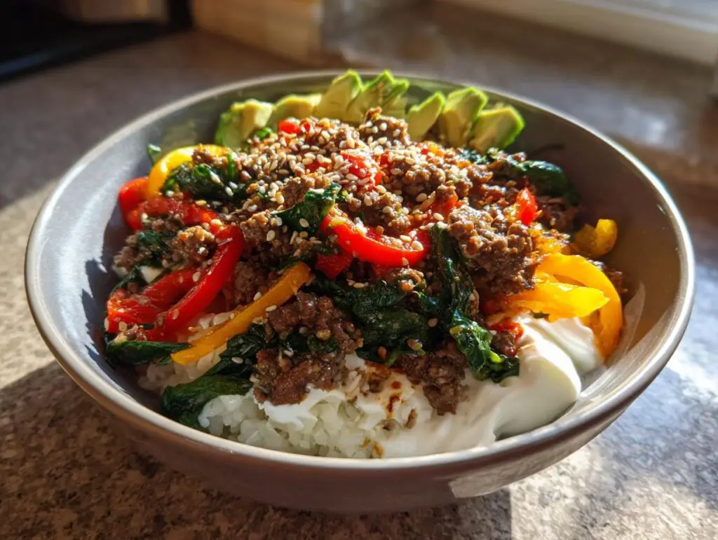 Ground Beef Protein Bowl with Spinach and Peppers