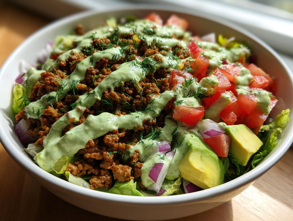 Amazing 20-min Healthy Burger Bowl with Creamy Dill Sauce