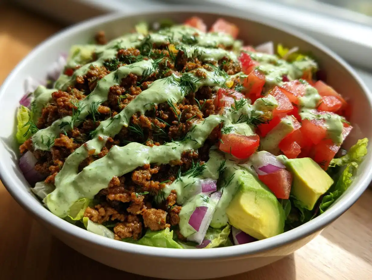 Amazing 20-min Healthy Burger Bowl with Creamy Dill Sauce