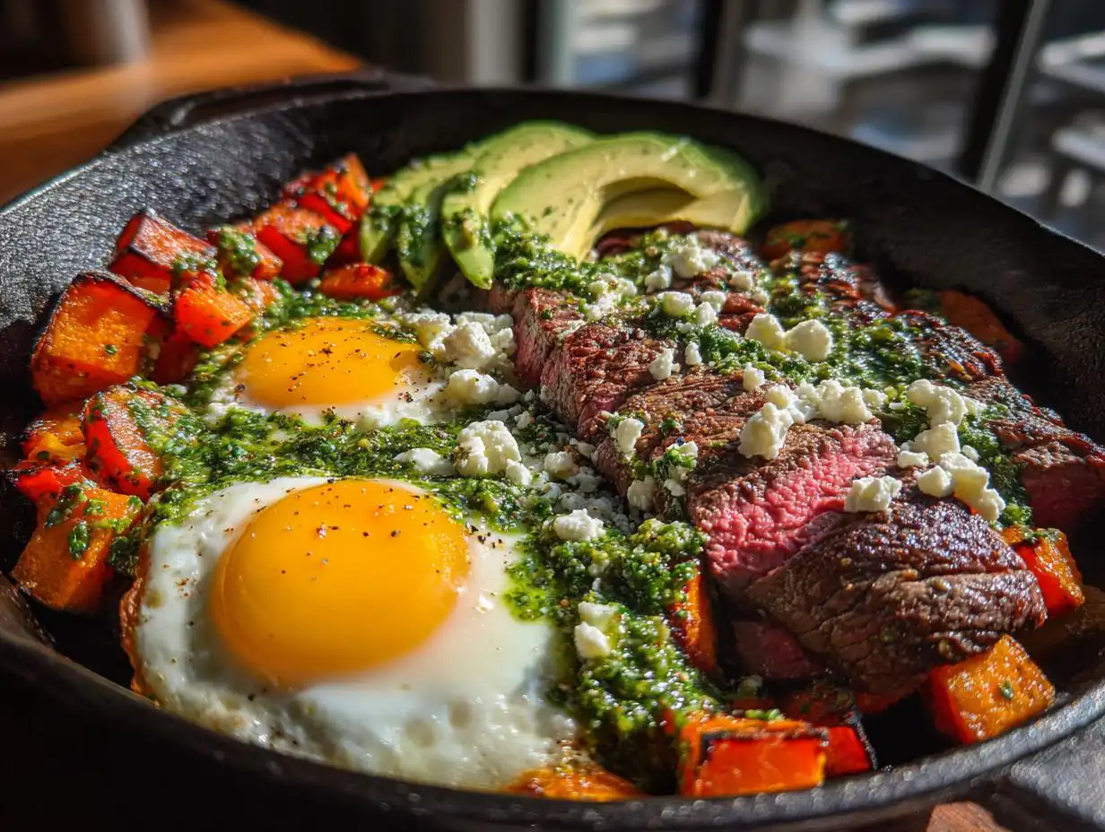 Amazing 40-Minute Steak and Eggs Skillet with Chimichurri
