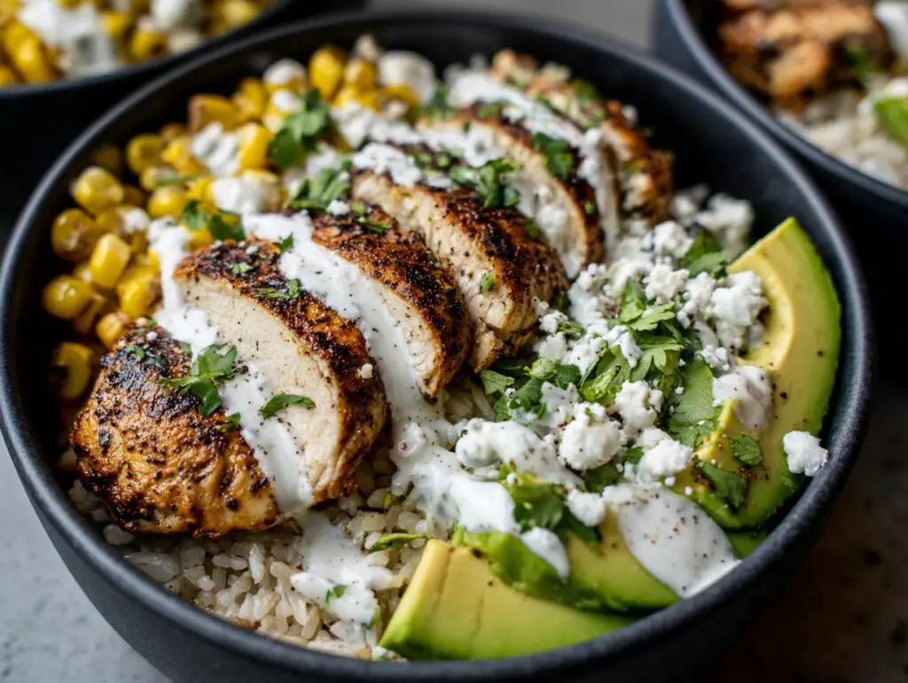 Street Corn Chicken Rice Bowl with Creamy Lime and Cilantro
