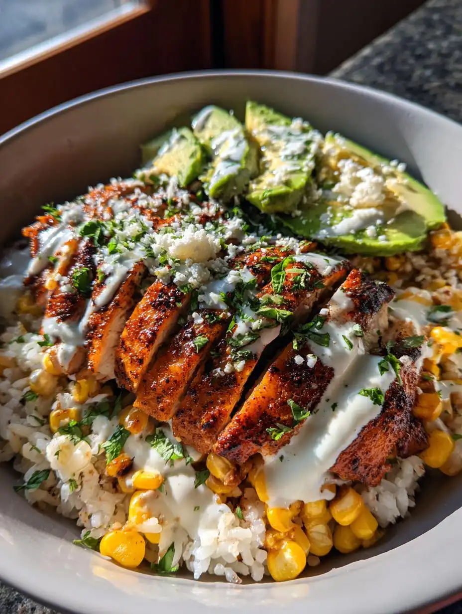 Street Corn Chicken Rice Bowl with Creamy Lime and Cilantro - detail 2