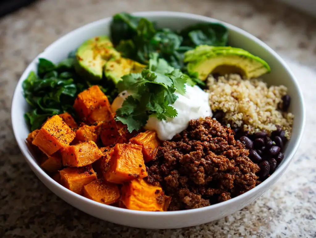 high protein beef sweet potato bowl