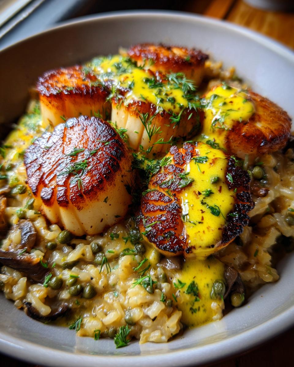 pan-seared scallops with mushroom risotto - detail 1