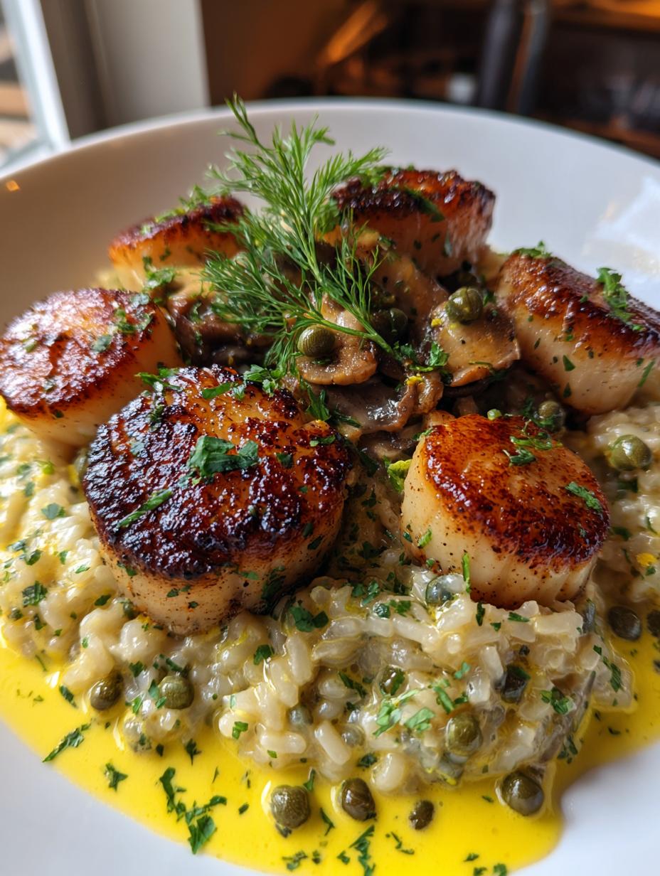 pan-seared scallops with mushroom risotto - detail 2