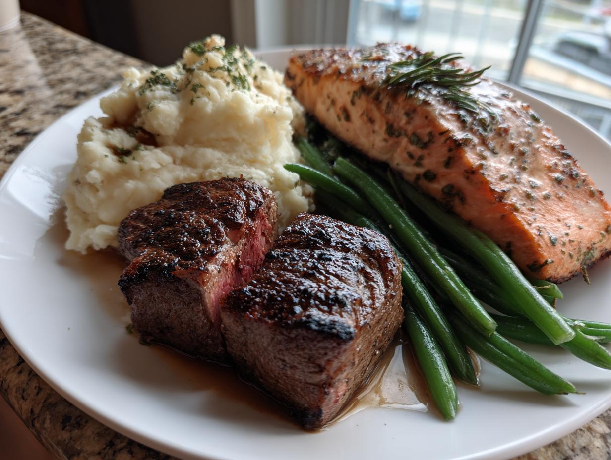 Amazing salmon surf and turf in 30 minutes