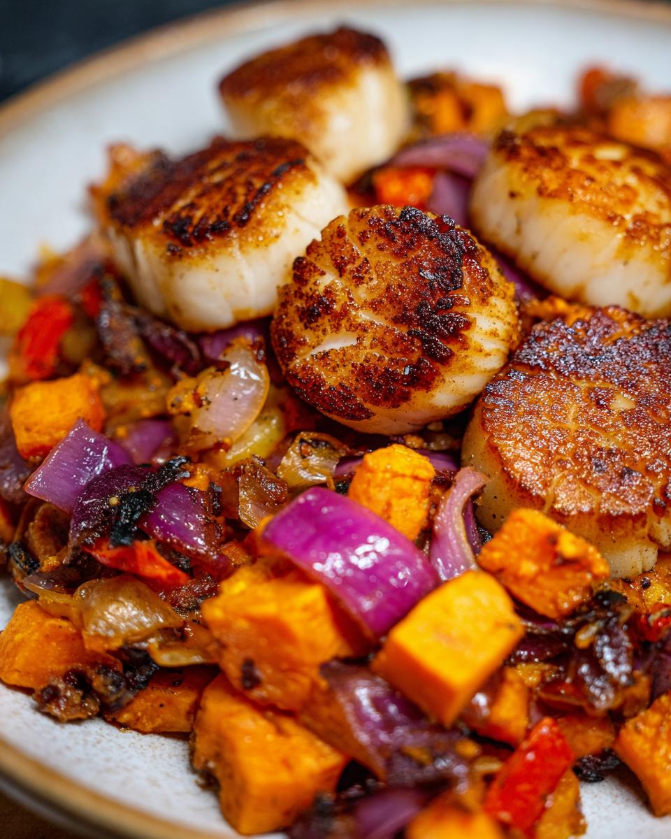 seared scallops with roasted vegetable hash - detail 1