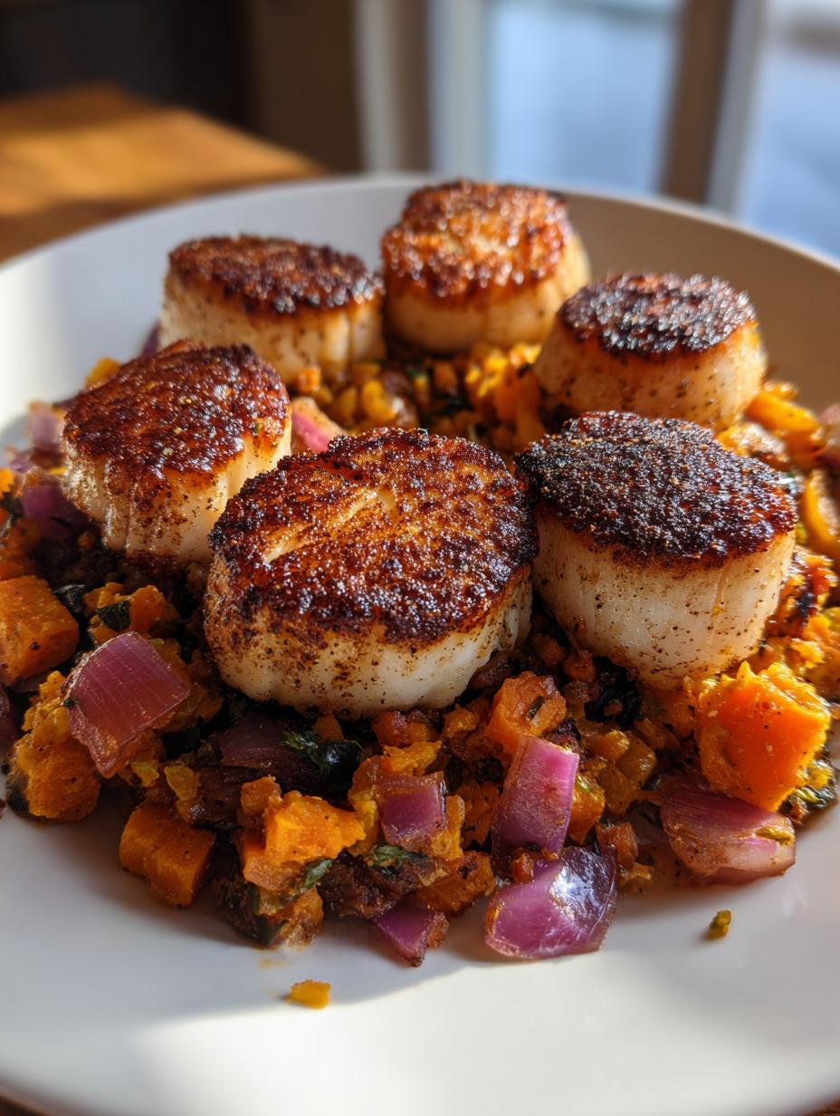 seared scallops with roasted vegetable hash - detail 2