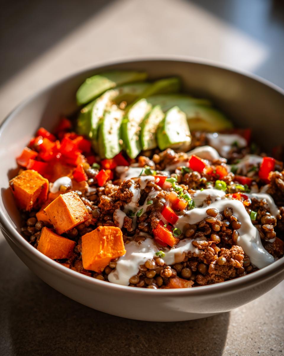 spicy beef lentil bowl - detail 1