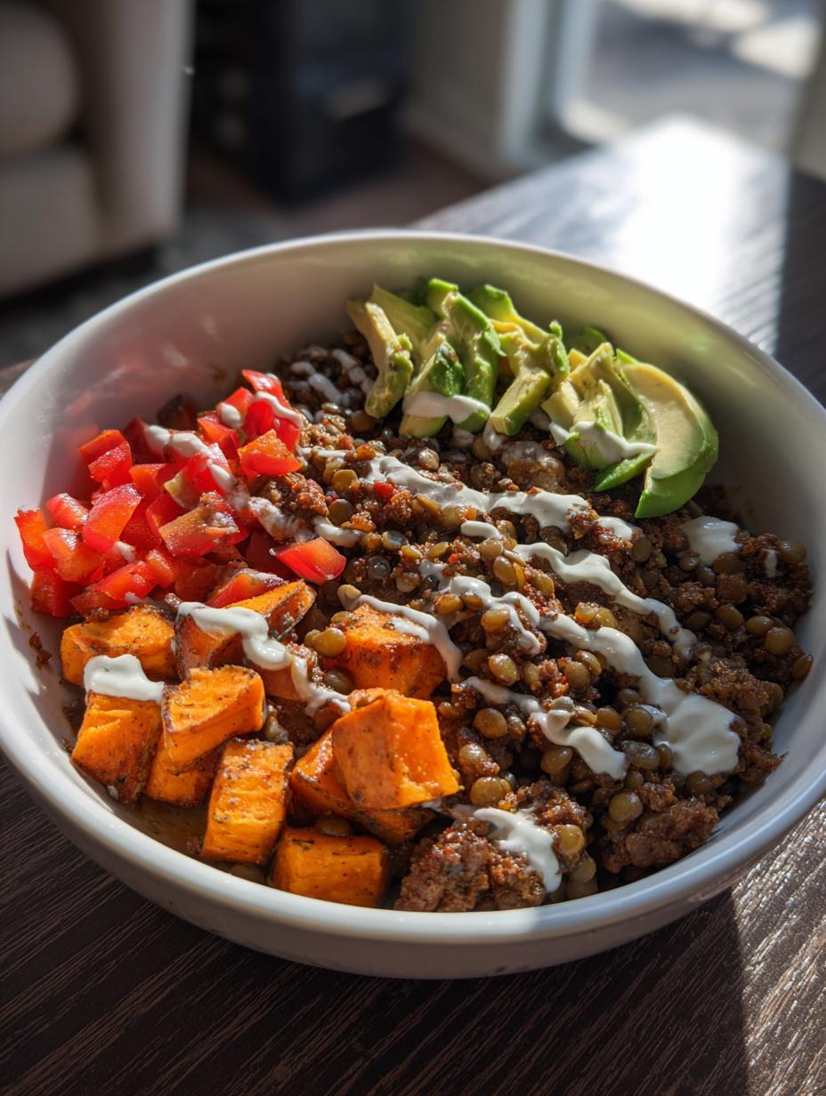 spicy beef lentil bowl - detail 2