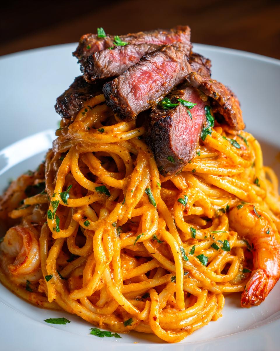 spicy surf and turf pasta - detail 1