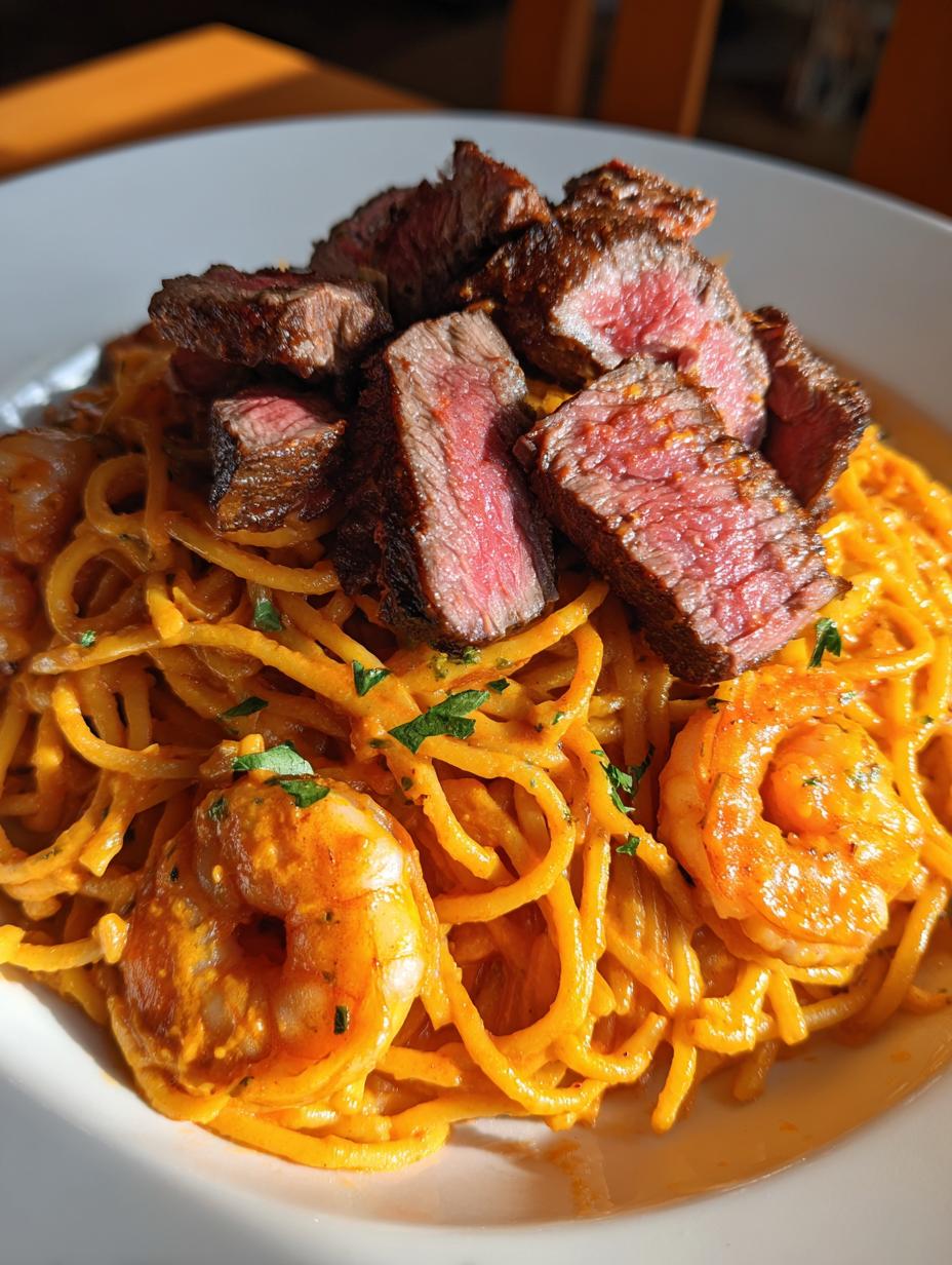 spicy surf and turf pasta - detail 2