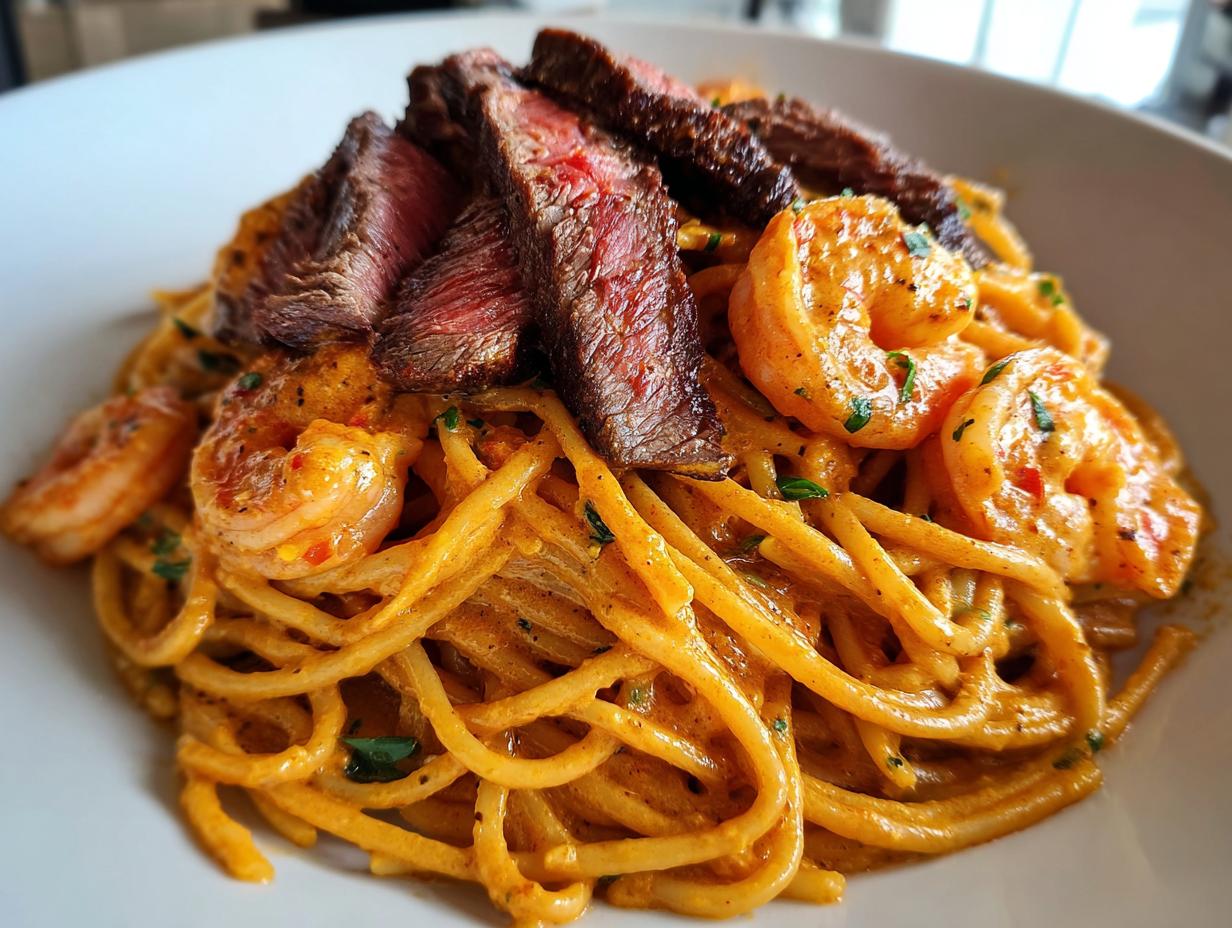 Stunning spicy surf and turf pasta in 45 mins