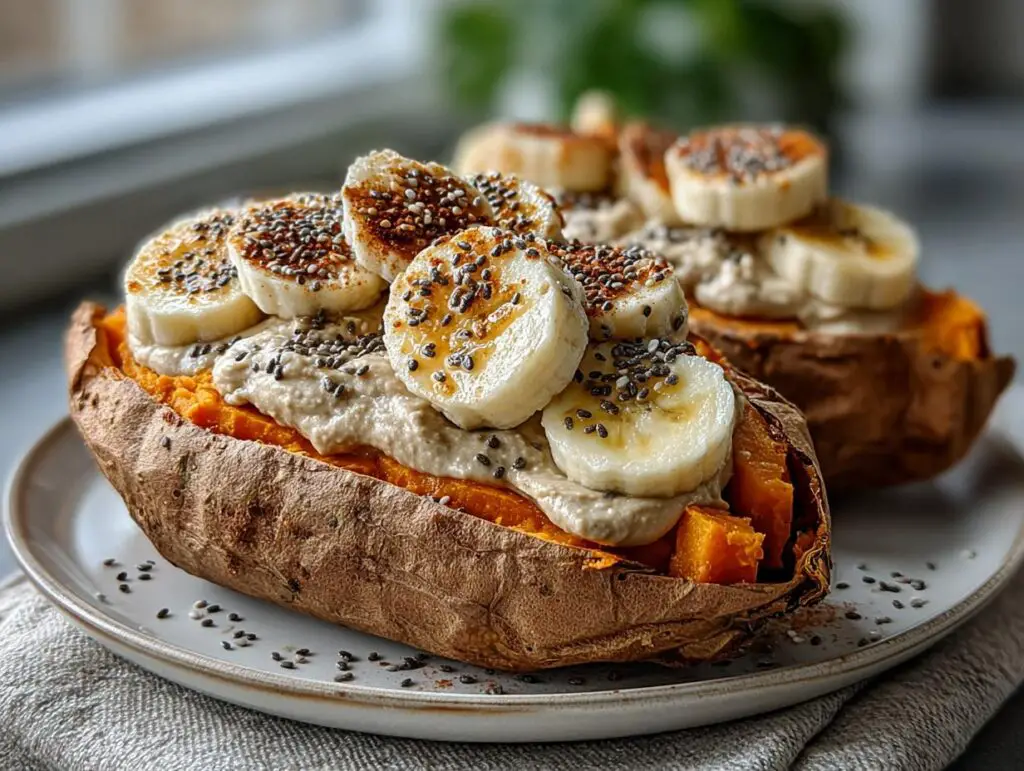 Breakfast Baked Sweet Potatoes with Almond Butter