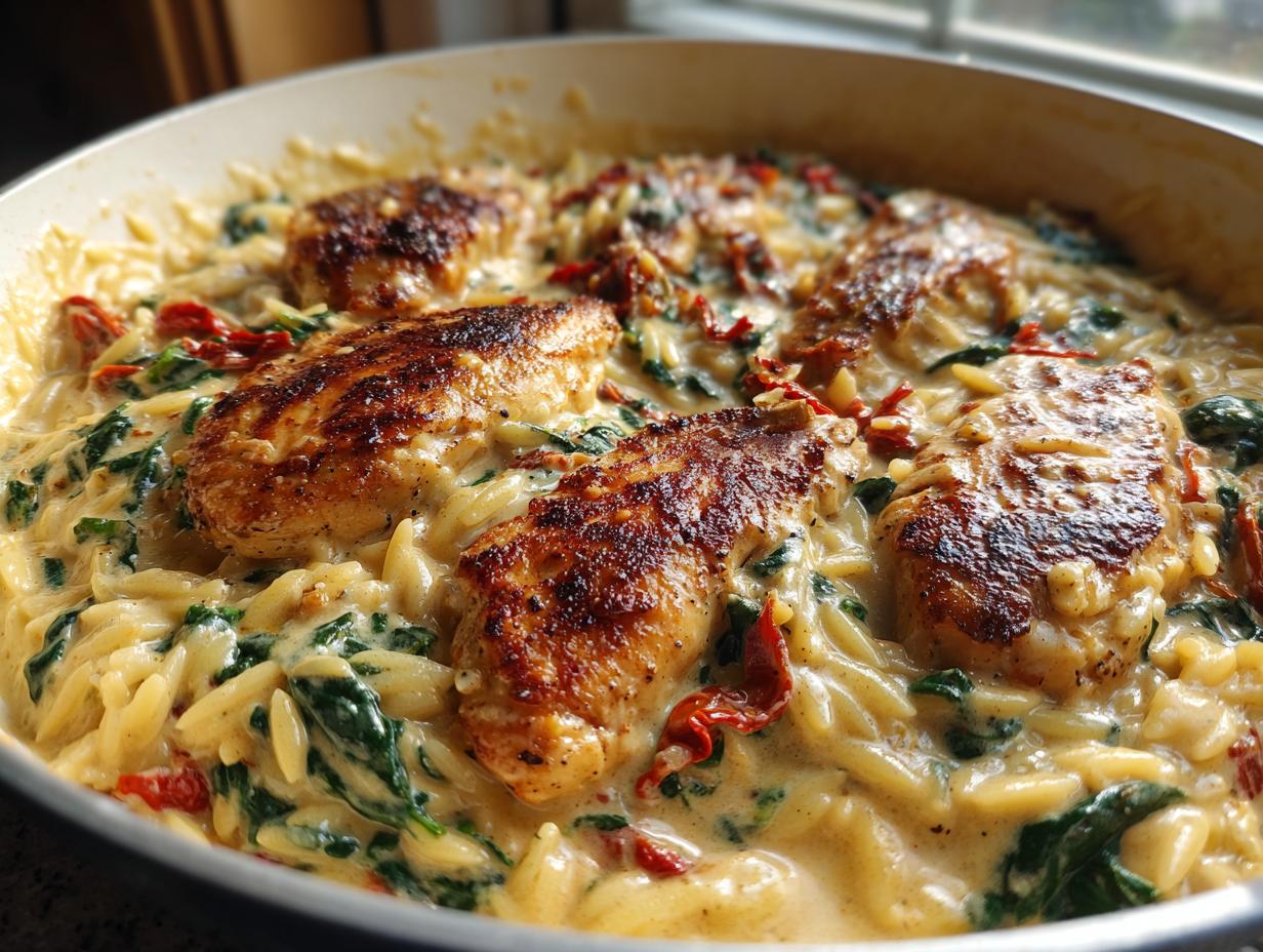 Amazing 30-Min Creamy Tuscan Chicken Orzo One Pan Dinner