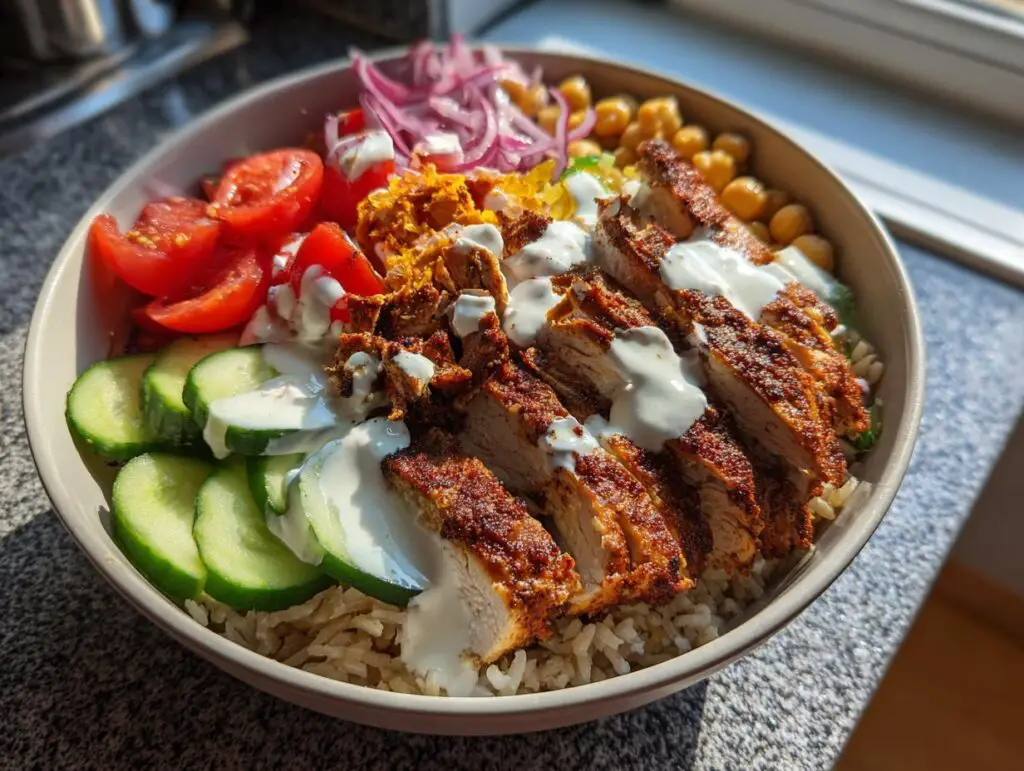 High Protein Chicken Shawarma Bowls with Fresh Veggies
