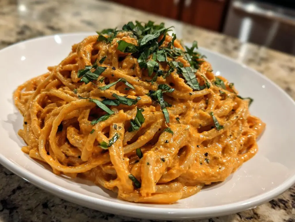 High Protein Creamy Roasted Red Pepper Pasta with Cottage Cheese