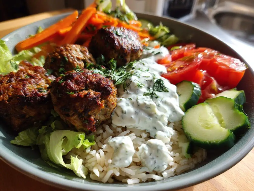 High Protein Greek Meatball Bowls with Tzatziki