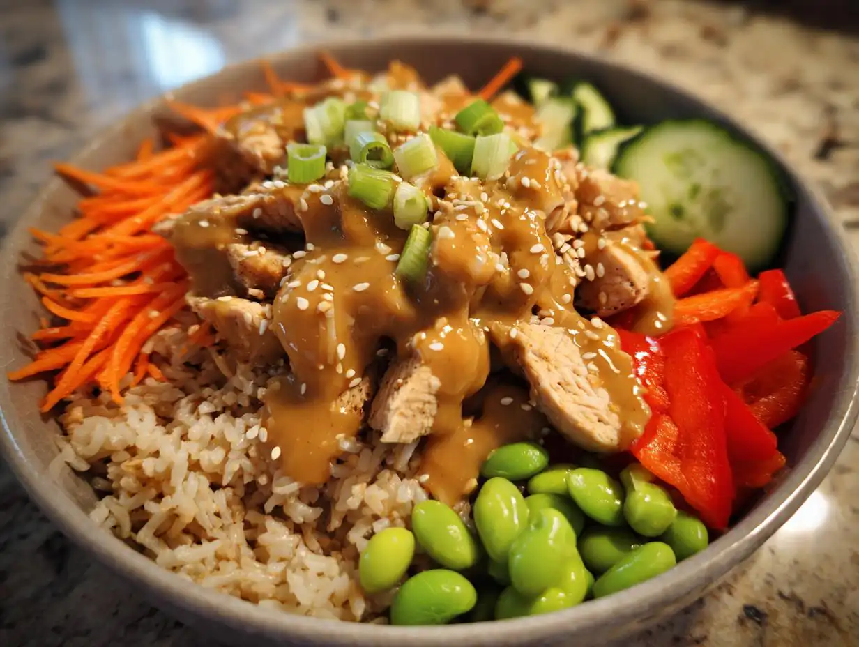 Simple 20-Minute High Protein Thai Peanut Chicken Buddha Bowl