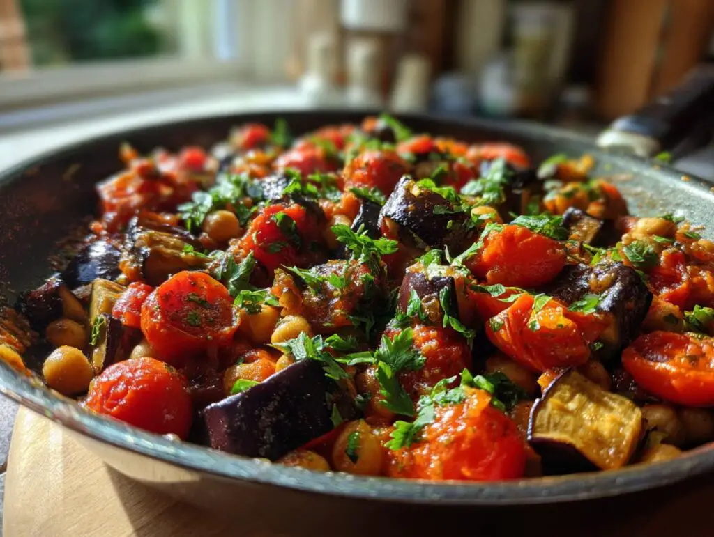 Roasted Eggplant Tomato Chickpea Skillet