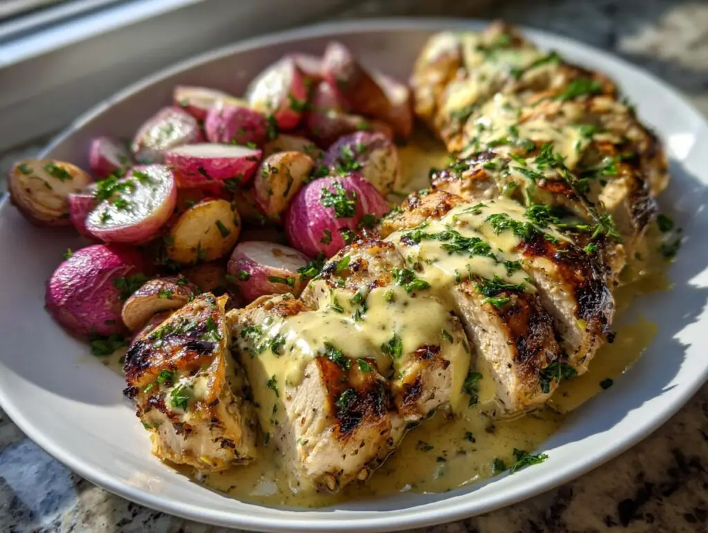 Sheet Pan Lemon Tahini Chicken with Roasted Radishes