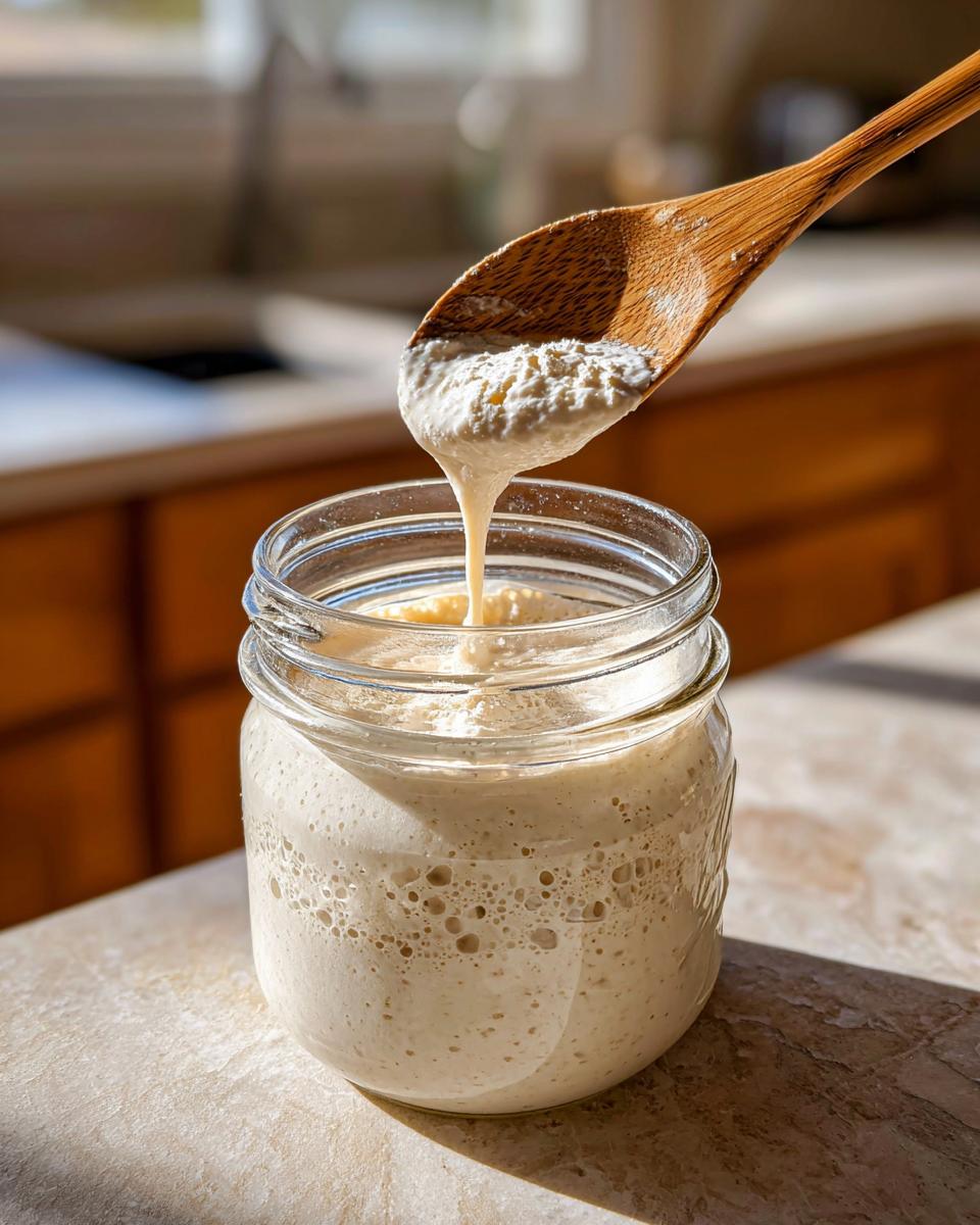 A wooden spoon scoops active sourdough starter from a glass jar, showing bubbles and a creamy texture.
