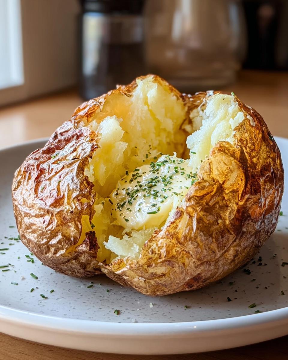 A fluffy air fryer baked potato split open, topped with melting butter and fresh chives, on a white plate.