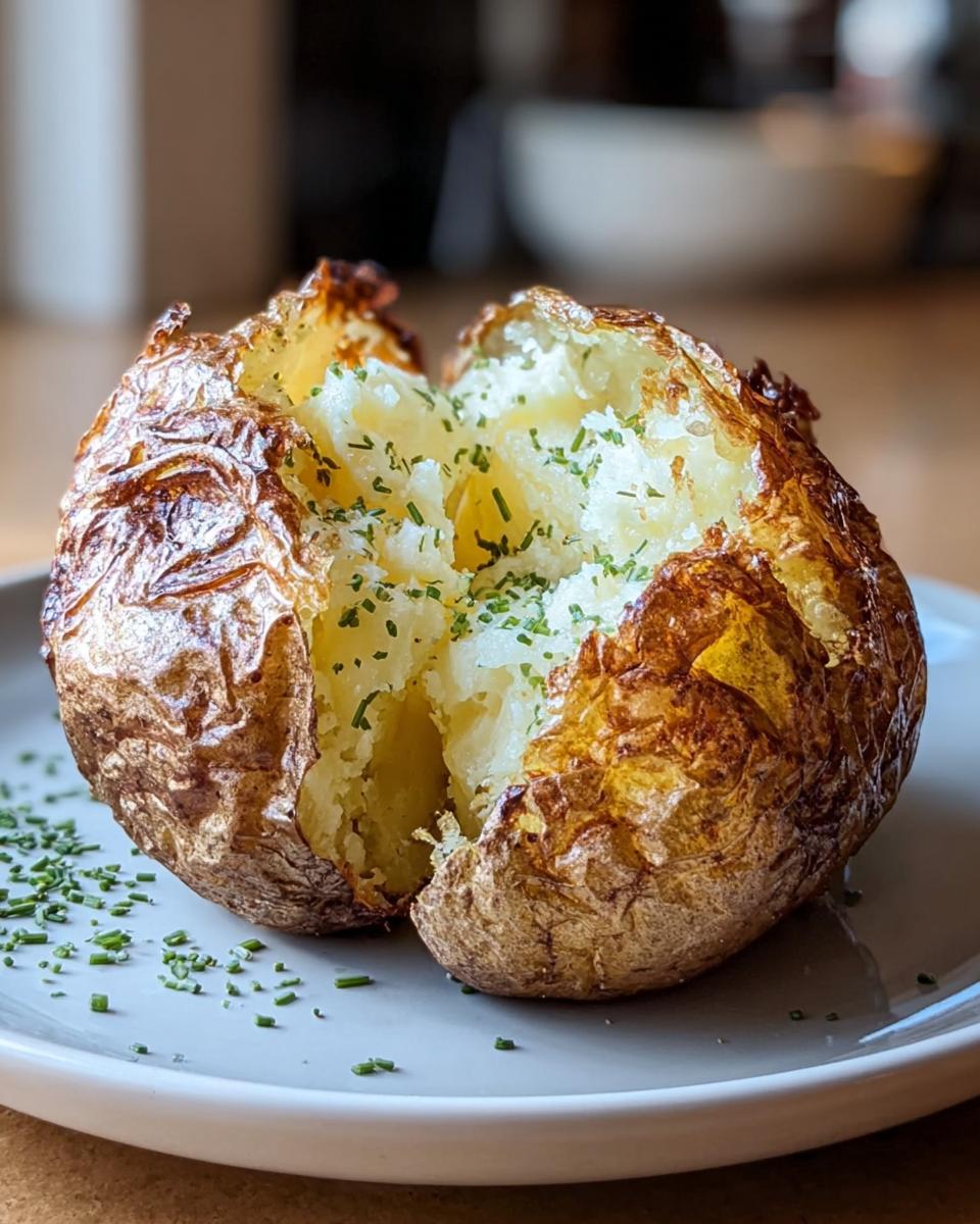 A perfectly cooked air fryer baked potato, split open to reveal fluffy insides and topped with fresh chives.