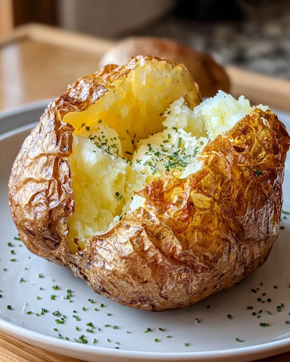 A golden-brown air fryer baked potato, split open to reveal fluffy insides and topped with butter and chives.
