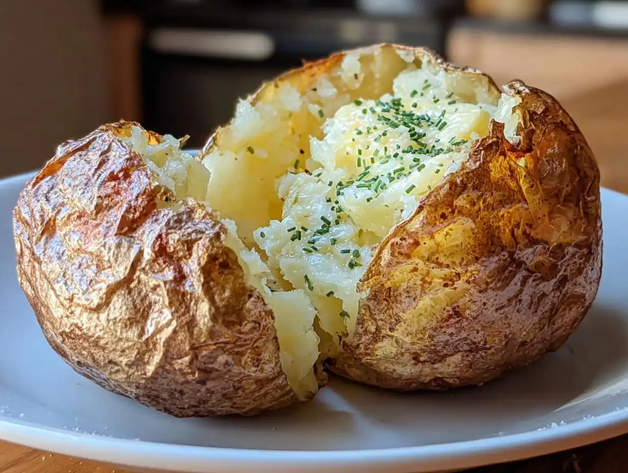 A fluffy air fryer baked potato split open, topped with butter and fresh chives.