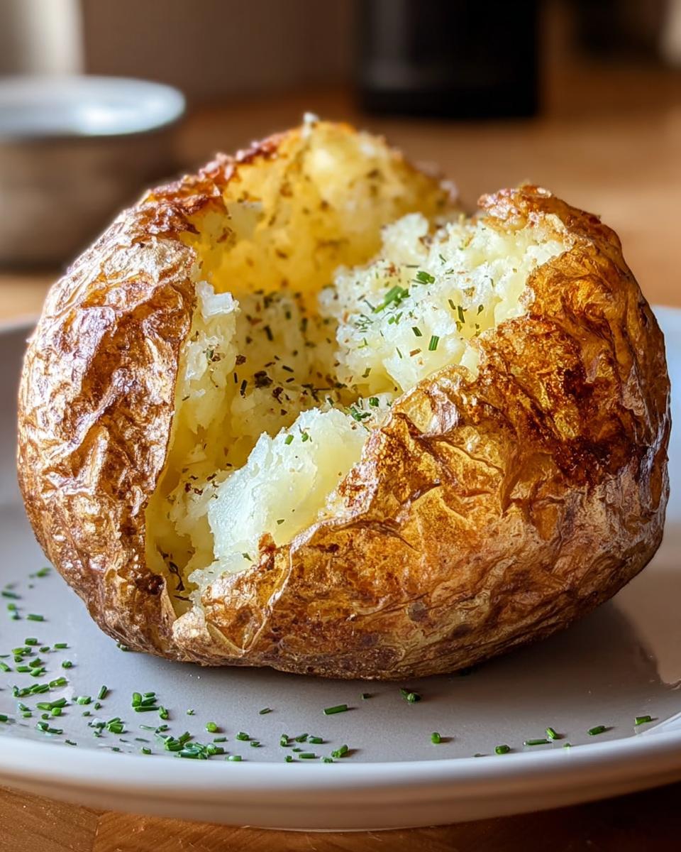 Close-up of a fluffy air fryer baked potato, split open and seasoned with herbs and chives.