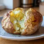 A fluffy air fryer baked potato, split open and sprinkled with fresh green herbs.