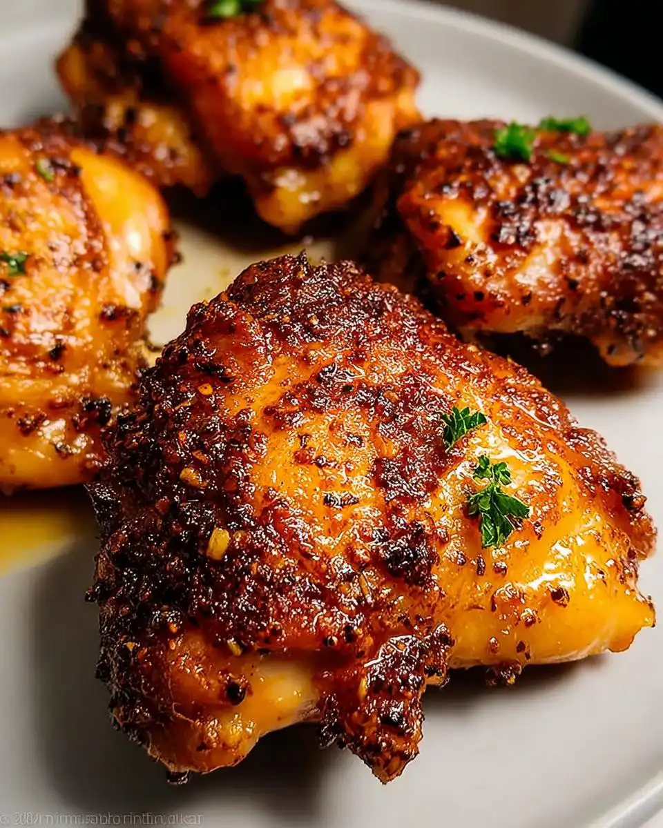 Close-up of tender baked boneless chicken thighs with a crispy, seasoned crust, garnished with parsley.