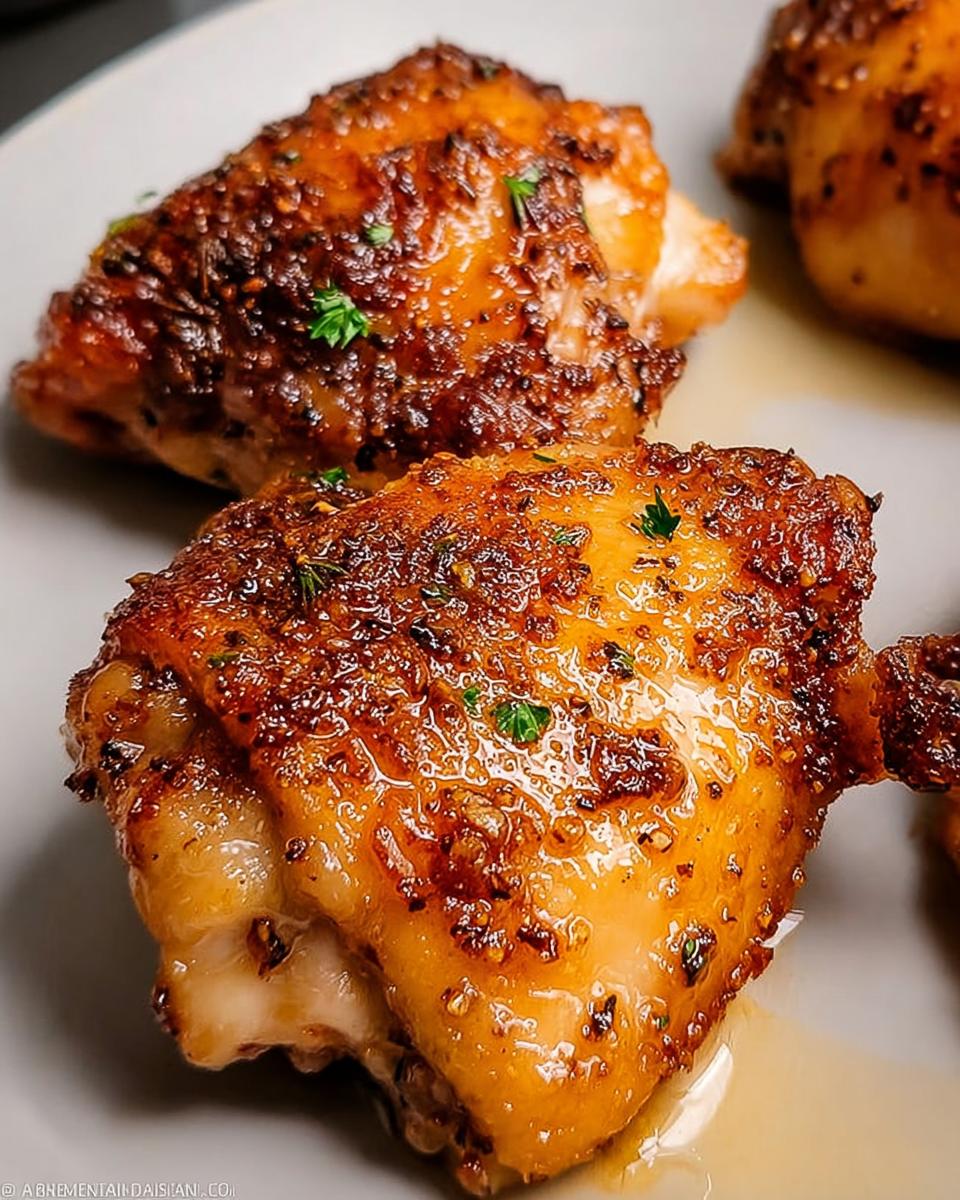 Close-up of perfectly baked boneless chicken thighs with a golden-brown, crispy skin and herbs.