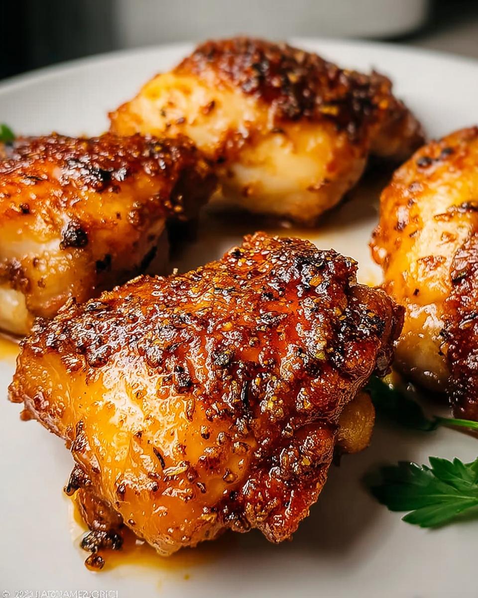 Close-up of tender baked boneless chicken thighs with a glistening glaze and herbs.