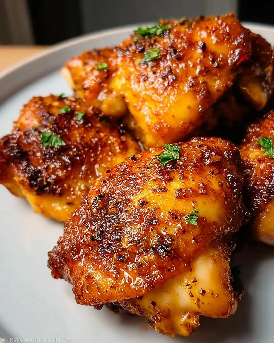 Close-up of juicy baked boneless chicken thighs seasoned and garnished with parsley.
